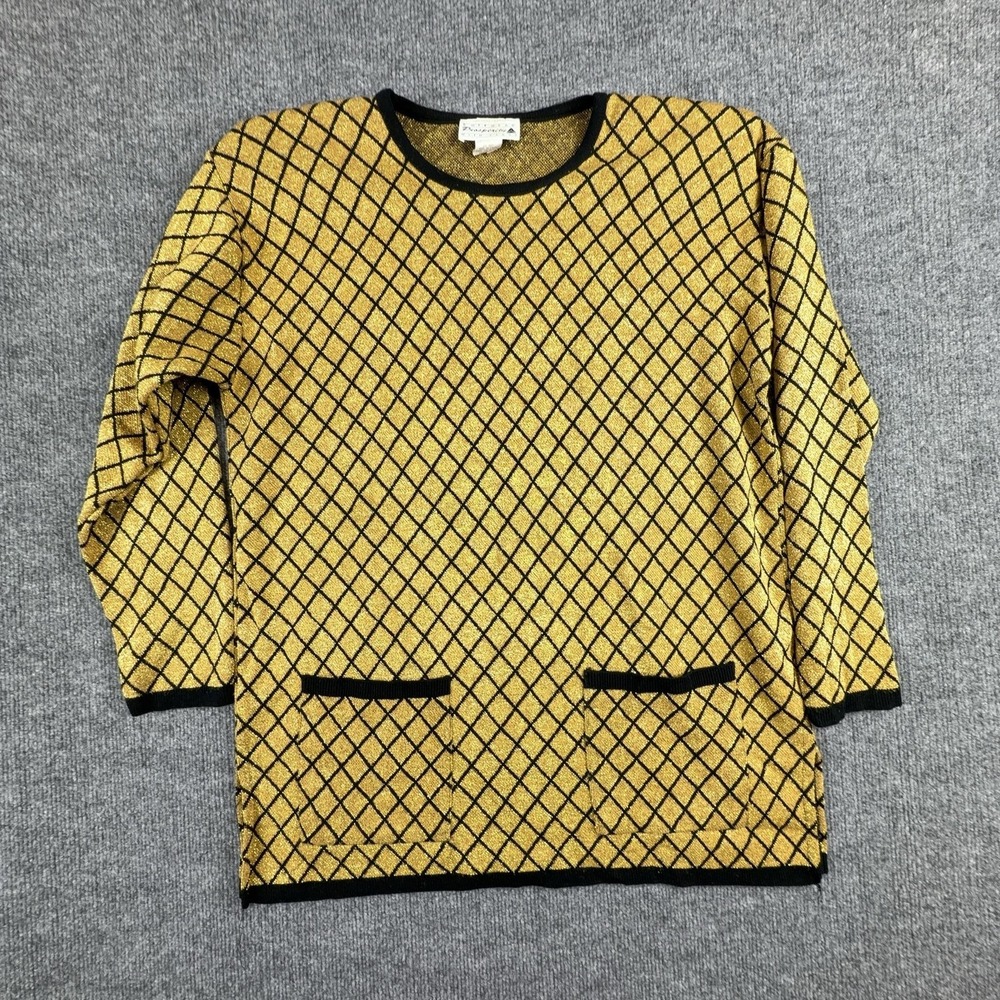 Vintage Prosperity Sweater Womens Large Gold Diamond Knit Pockets Crewneck Tunic